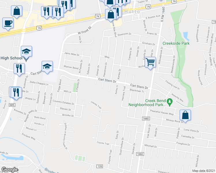 map of restaurants, bars, coffee shops, grocery stores, and more near 6006 Lone Star Court in Hutto