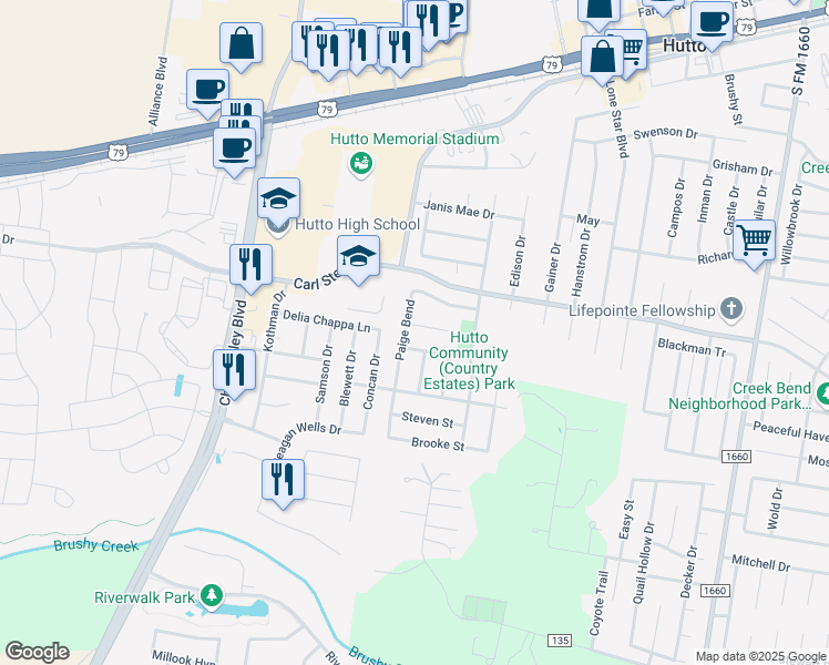 map of restaurants, bars, coffee shops, grocery stores, and more near 102 Ryan Cove in Hutto
