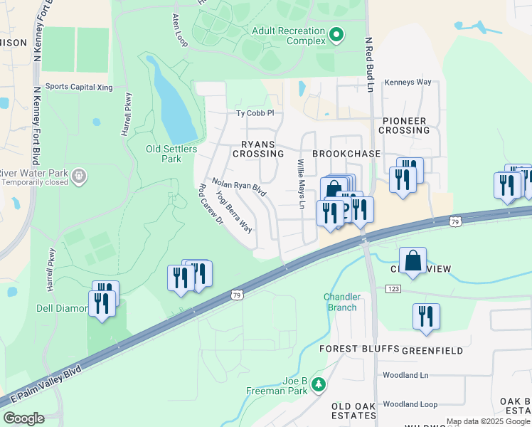 map of restaurants, bars, coffee shops, grocery stores, and more near 3630 Nolan Ryan in Round Rock