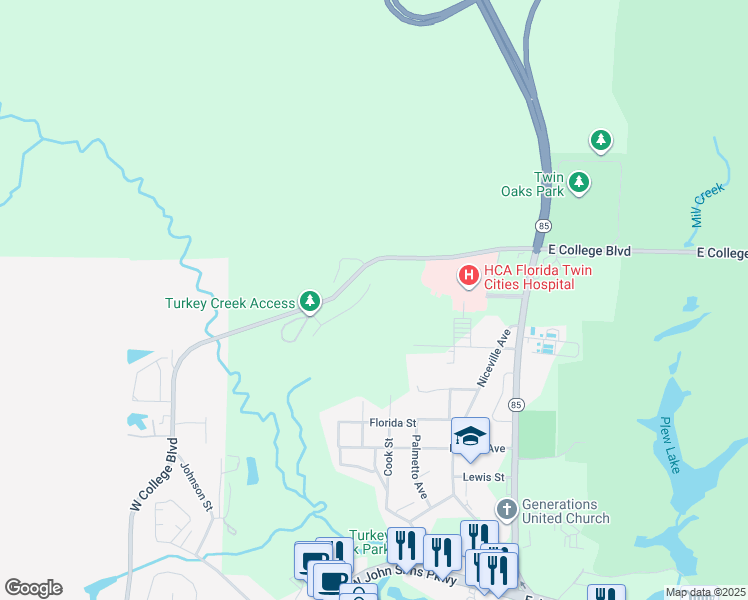 map of restaurants, bars, coffee shops, grocery stores, and more near 555 Falcon Trail in Niceville