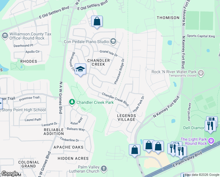 map of restaurants, bars, coffee shops, grocery stores, and more near 2601 Chandler Creek Boulevard in Round Rock