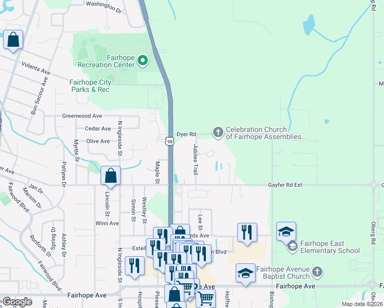 map of restaurants, bars, coffee shops, grocery stores, and more near 901 Gayfer Avenue in Fairhope