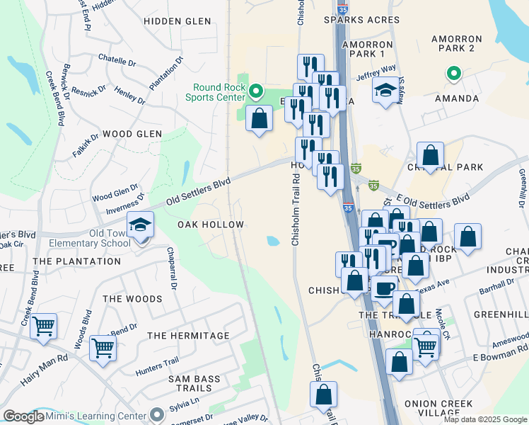 map of restaurants, bars, coffee shops, grocery stores, and more near 2150 Chisholm Trail Road in Round Rock