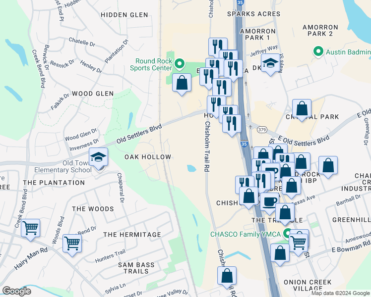 map of restaurants, bars, coffee shops, grocery stores, and more near 2150 Chisholm Trail Road in Round Rock