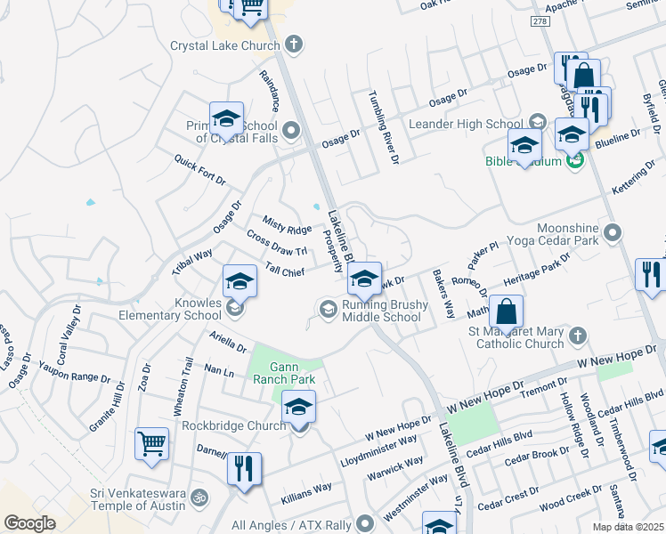 map of restaurants, bars, coffee shops, grocery stores, and more near 1702 Trustworthy in Leander