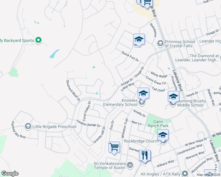 map of restaurants, bars, coffee shops, grocery stores, and more near 2105 Lookout Knoll Drive in Leander