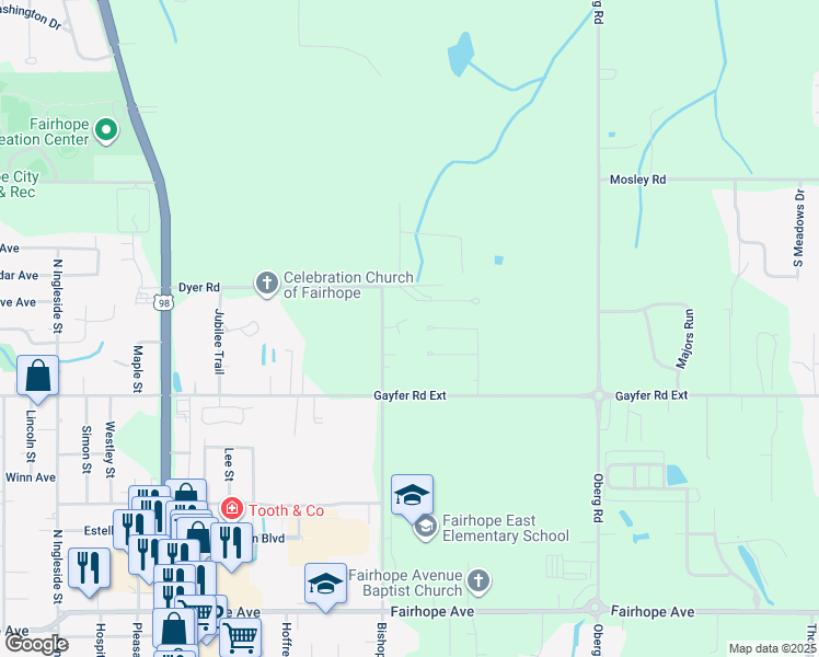map of restaurants, bars, coffee shops, grocery stores, and more near 8621 Brook Lane in Fairhope