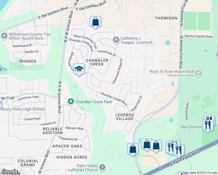 map of restaurants, bars, coffee shops, grocery stores, and more near 2510 Chandler Creek Boulevard in Round Rock