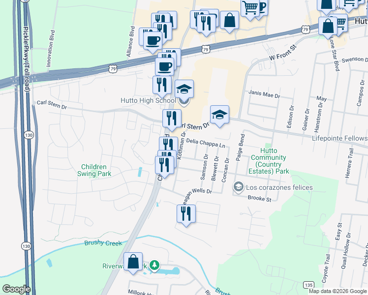 map of restaurants, bars, coffee shops, grocery stores, and more near 1402 Kothman Drive in Hutto