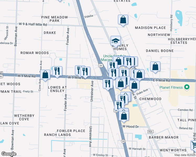 map of restaurants, bars, coffee shops, grocery stores, and more near 203 Florida 10 in Pensacola