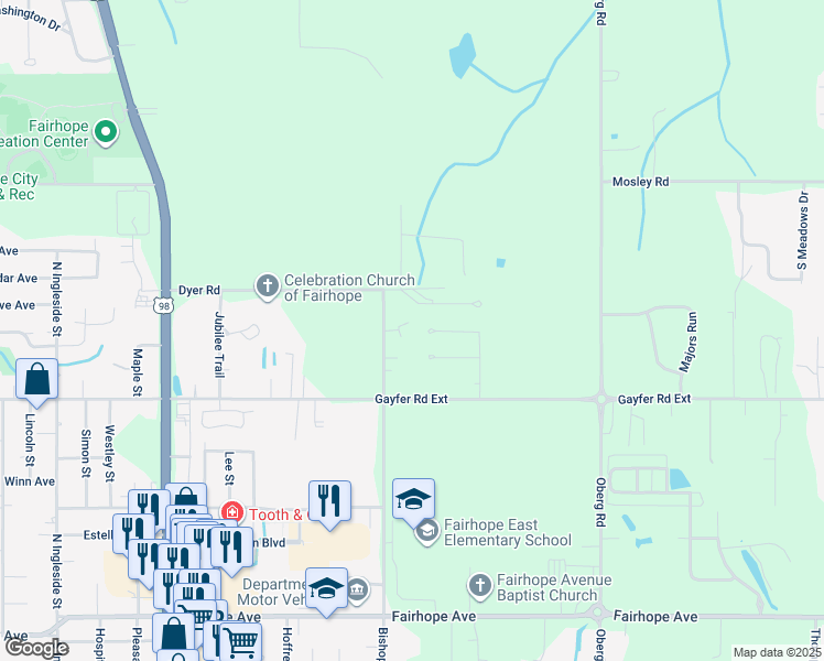 map of restaurants, bars, coffee shops, grocery stores, and more near 8621 Brook Lane in Fairhope