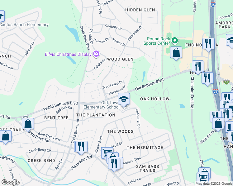 map of restaurants, bars, coffee shops, grocery stores, and more near 2799 West Old Settler's Boulevard in Round Rock
