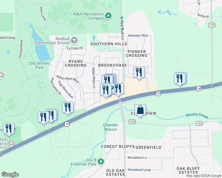 map of restaurants, bars, coffee shops, grocery stores, and more near 4700 East Palm Valley Boulevard in Round Rock