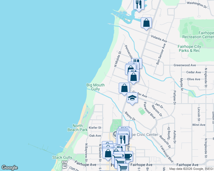 map of restaurants, bars, coffee shops, grocery stores, and more near in Fairhope