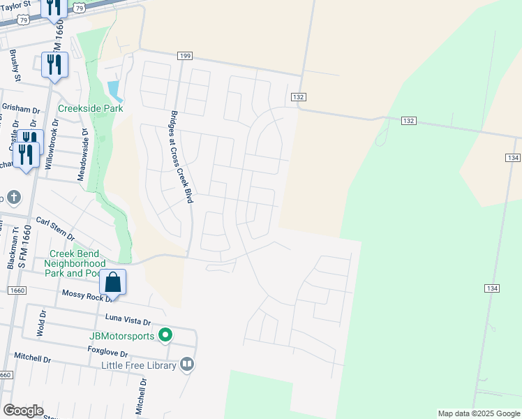 map of restaurants, bars, coffee shops, grocery stores, and more near 3750 County Road 132 in Hutto