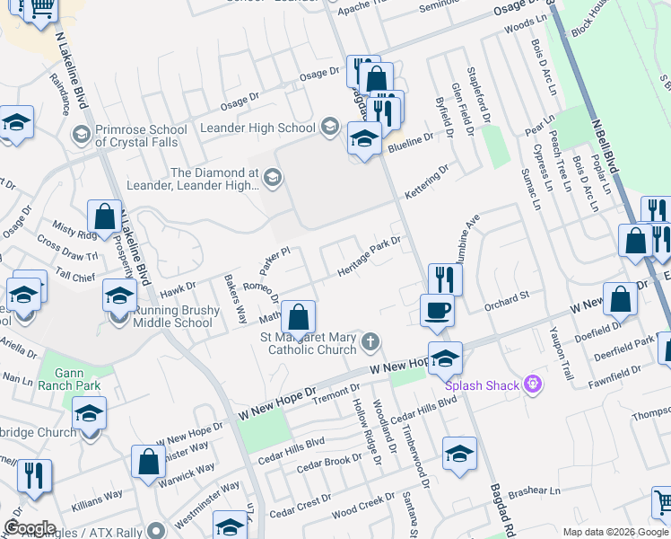 map of restaurants, bars, coffee shops, grocery stores, and more near 1109 Heritage Park Drive in Cedar Park
