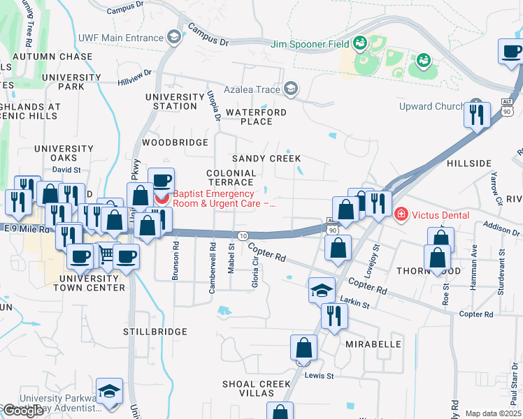 map of restaurants, bars, coffee shops, grocery stores, and more near 2208 Le Ruth Drive in Pensacola