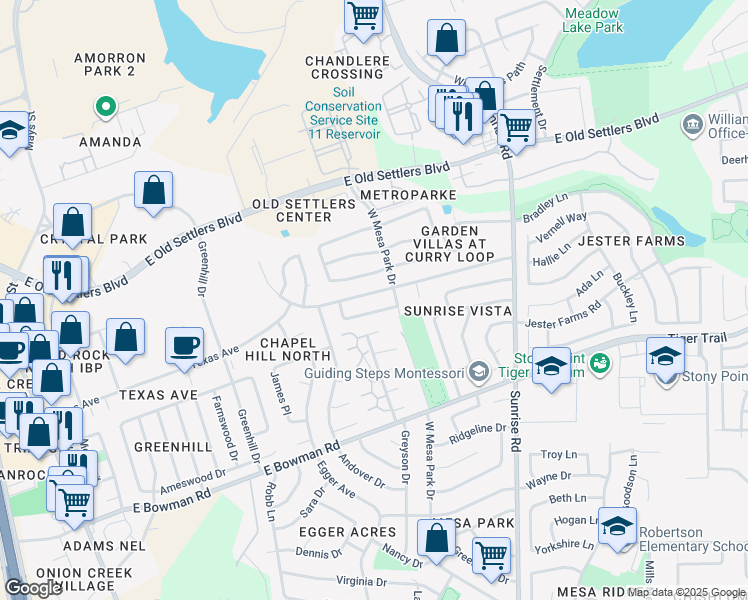 map of restaurants, bars, coffee shops, grocery stores, and more near 707 Saunders Drive in Round Rock