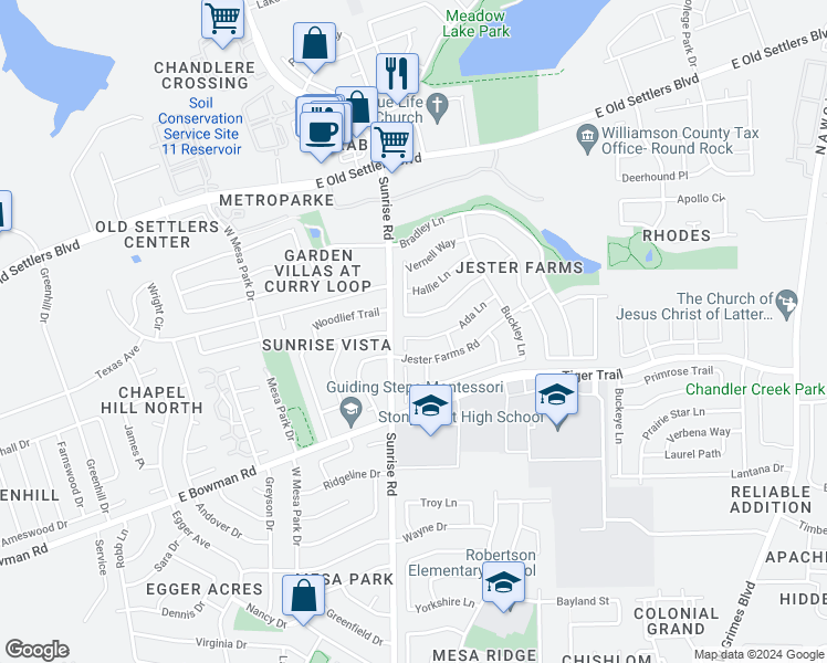 map of restaurants, bars, coffee shops, grocery stores, and more near 2245 Ada Lane in Round Rock