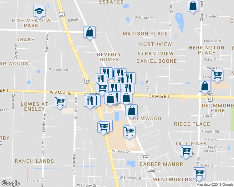 map of restaurants, bars, coffee shops, grocery stores, and more near 0 Highway 10 in Pensacola