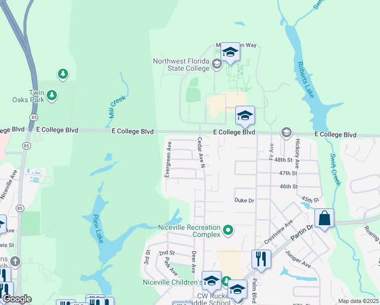 map of restaurants, bars, coffee shops, grocery stores, and more near 354 Evergreen Avenue in Niceville