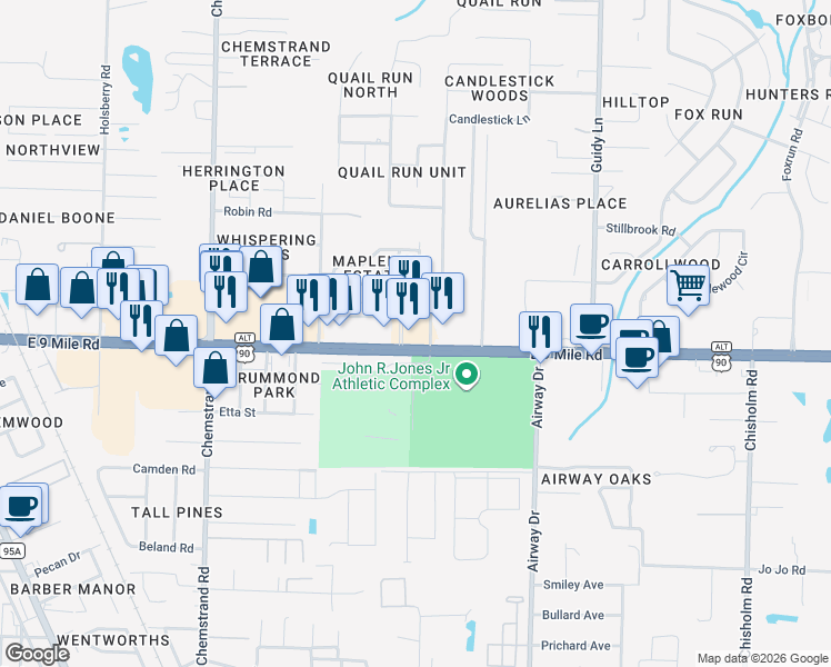 map of restaurants, bars, coffee shops, grocery stores, and more near 596 East 9 Mile Road in Pensacola
