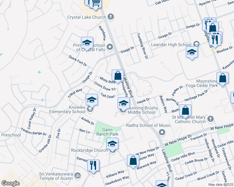 map of restaurants, bars, coffee shops, grocery stores, and more near 1801 Tall Chief in Leander