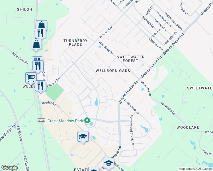 map of restaurants, bars, coffee shops, grocery stores, and more near 15438 Baker Meadow Loop in College Station