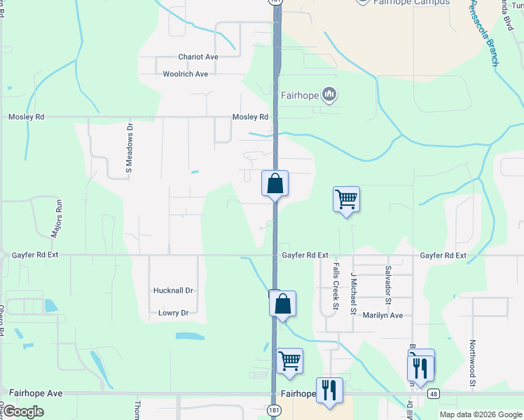 map of restaurants, bars, coffee shops, grocery stores, and more near 21193 State Highway 181 in Fairhope