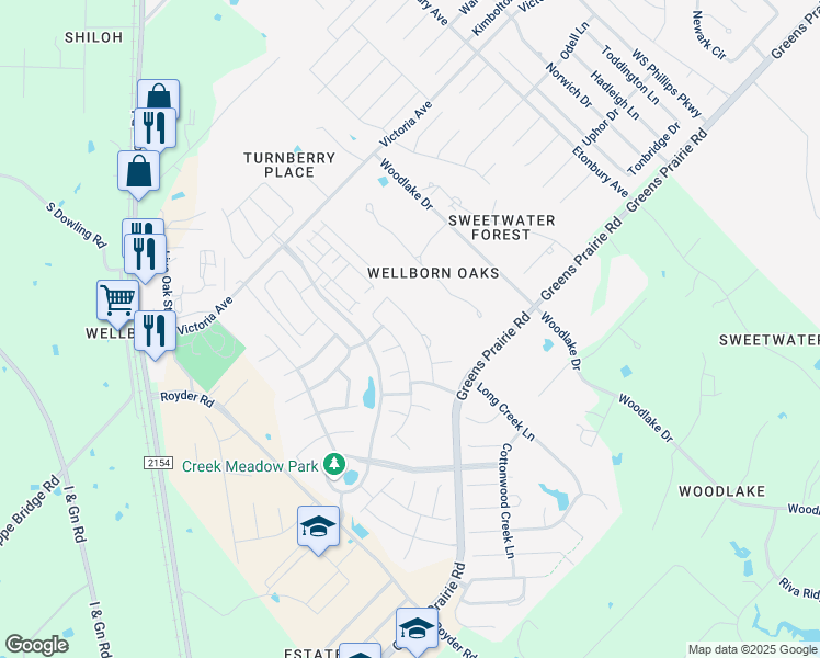 map of restaurants, bars, coffee shops, grocery stores, and more near 15438 Baker Meadow Loop in College Station