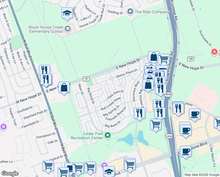 map of restaurants, bars, coffee shops, grocery stores, and more near 1812 Indian Lodge Drive in Cedar Park