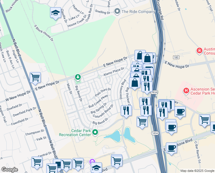 map of restaurants, bars, coffee shops, grocery stores, and more near 1803 Franklin Mountain Drive in Cedar Park