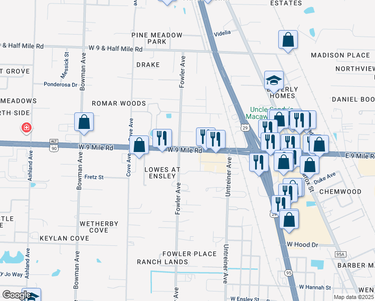 map of restaurants, bars, coffee shops, grocery stores, and more near 610 West 9 Mile Road in Pensacola