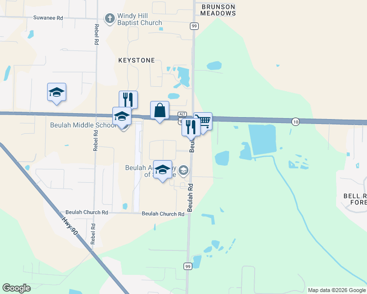 map of restaurants, bars, coffee shops, grocery stores, and more near 8618 Blake Evan Circle in Pensacola