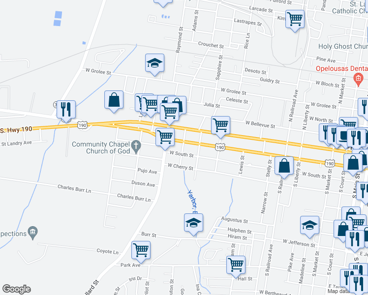 map of restaurants, bars, coffee shops, grocery stores, and more near 1274 West Vine Street in Opelousas