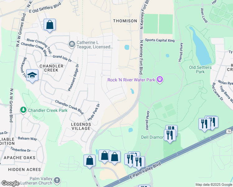 map of restaurants, bars, coffee shops, grocery stores, and more near 3200 East Palm Valley Boulevard in Round Rock