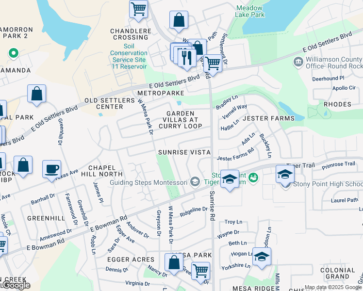 map of restaurants, bars, coffee shops, grocery stores, and more near 905 Country Aire Drive in Round Rock