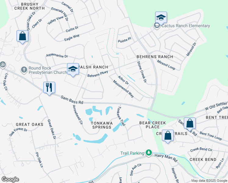 map of restaurants, bars, coffee shops, grocery stores, and more near 3409 Lazy Oak Cove in Round Rock
