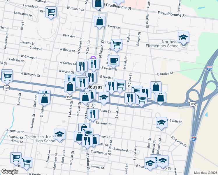 map of restaurants, bars, coffee shops, grocery stores, and more near 420 East Bellevue Street in Opelousas