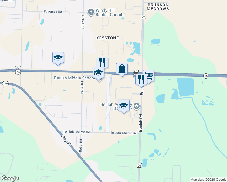 map of restaurants, bars, coffee shops, grocery stores, and more near 8674 Blake Evan Circle in Pensacola