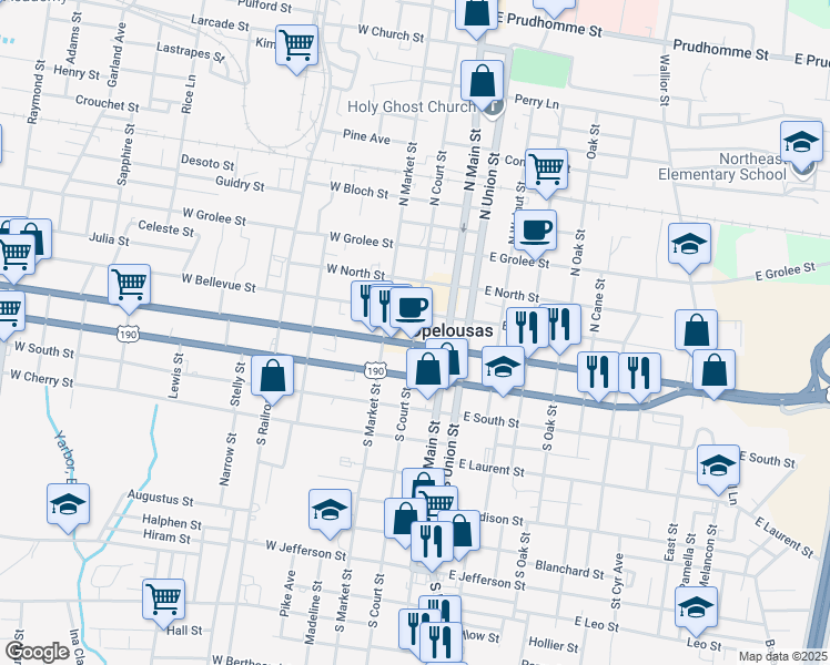 map of restaurants, bars, coffee shops, grocery stores, and more near 162 South Court Street in Opelousas