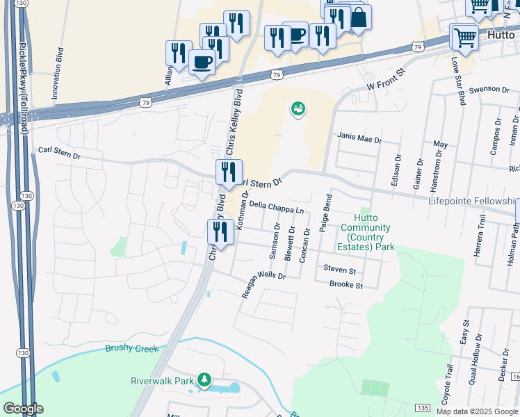 map of restaurants, bars, coffee shops, grocery stores, and more near 1108 Delia Chappa Lane in Hutto