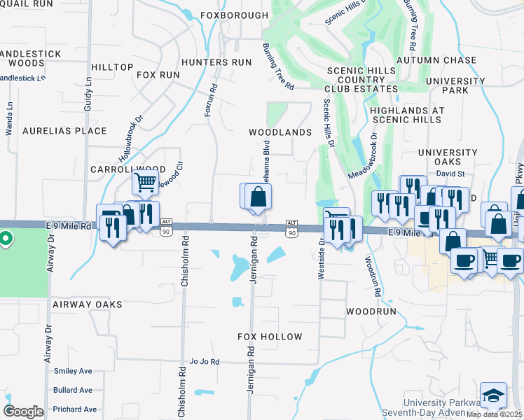 map of restaurants, bars, coffee shops, grocery stores, and more near 9473 Sunnehanna Boulevard in Pensacola