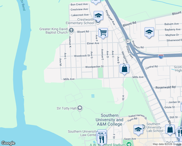 map of restaurants, bars, coffee shops, grocery stores, and more near 368 Flicker Street in Baton Rouge