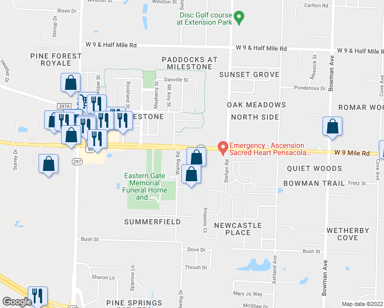 map of restaurants, bars, coffee shops, grocery stores, and more near 1807 West 9 Mile Road in Pensacola