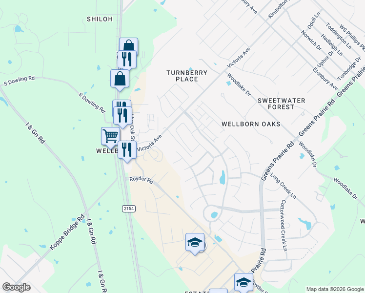 map of restaurants, bars, coffee shops, grocery stores, and more near 15303 Lowry Meadow Lane in College Station