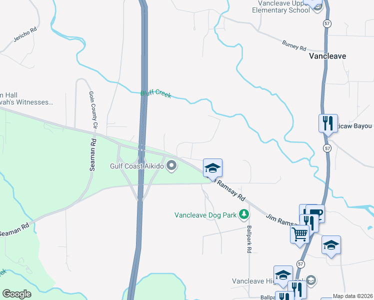 map of restaurants, bars, coffee shops, grocery stores, and more near 13104 Fairley Road in Vancleave