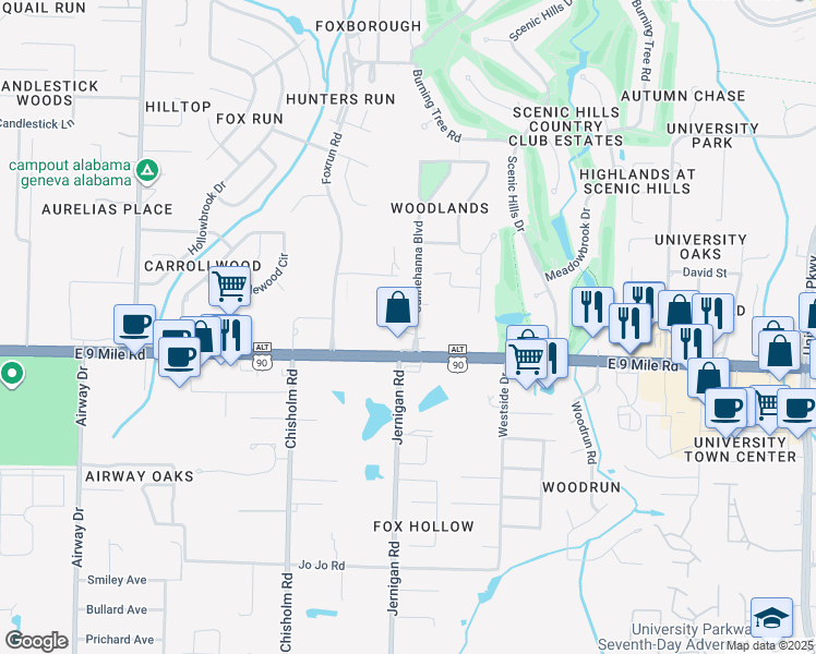 map of restaurants, bars, coffee shops, grocery stores, and more near 9465 Sunnehanna Boulevard in Pensacola