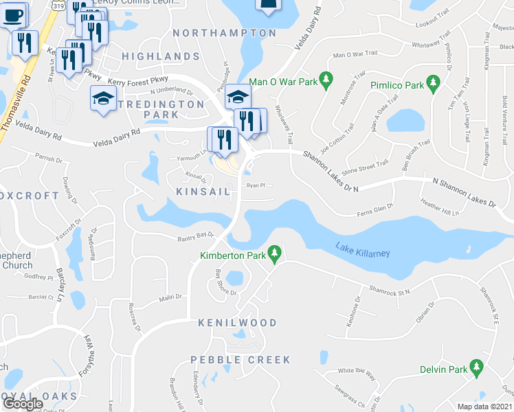 map of restaurants, bars, coffee shops, grocery stores, and more near 2351 Merrigan Place in Tallahassee