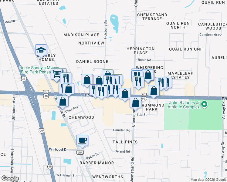 map of restaurants, bars, coffee shops, grocery stores, and more near 210 East 9 Mile Road in Pensacola
